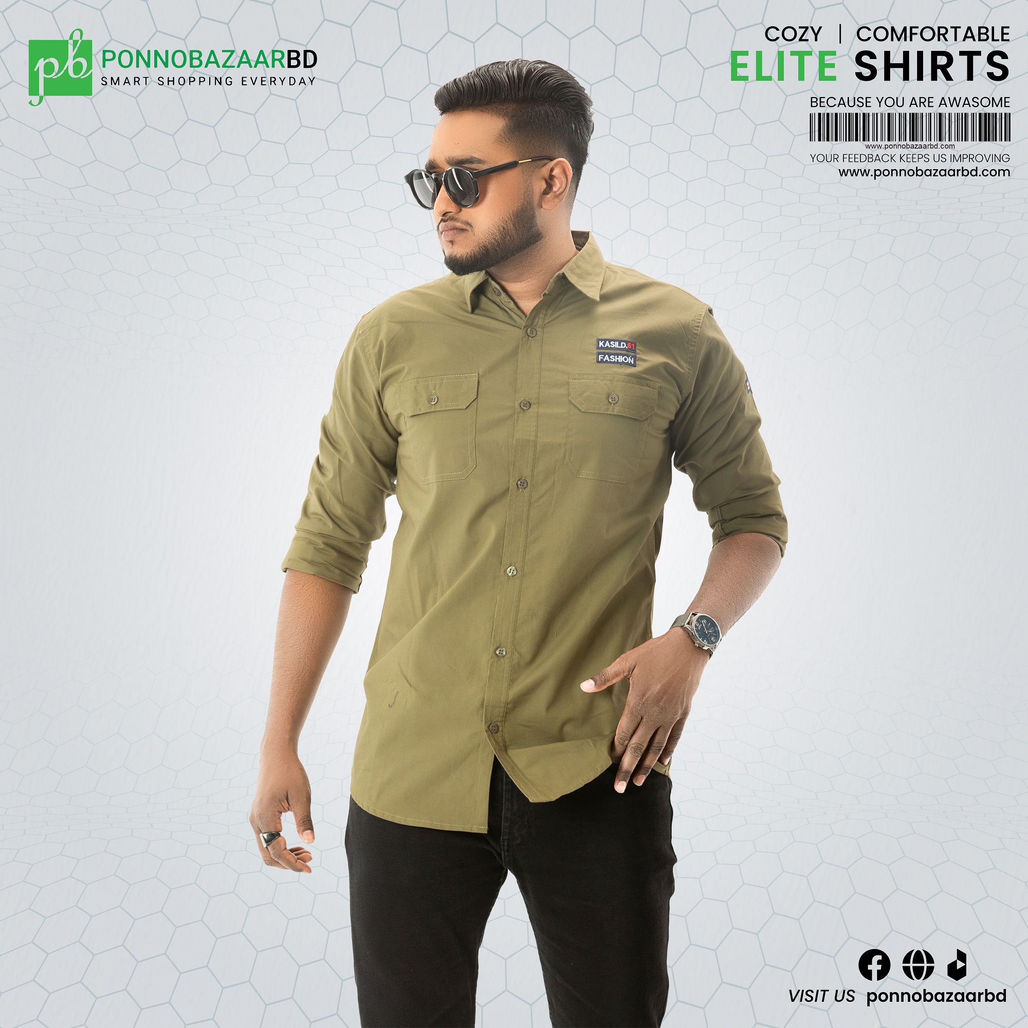 Men`s Cotton Olive Colour Casual Full Sleeve Shirt by PONNO BAZAAR